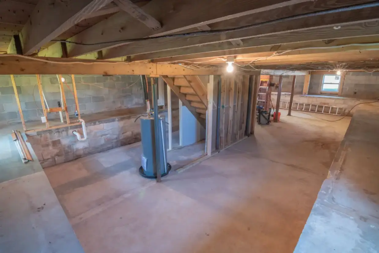 Unfinished basement with block foundation walls and open joists overhead