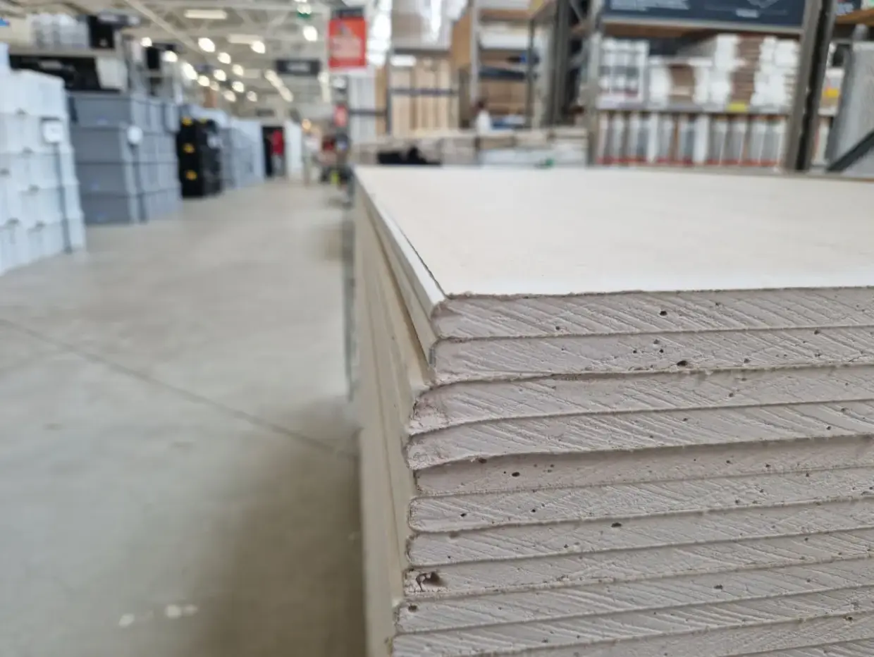Drywall panels being finished in a commercial interior