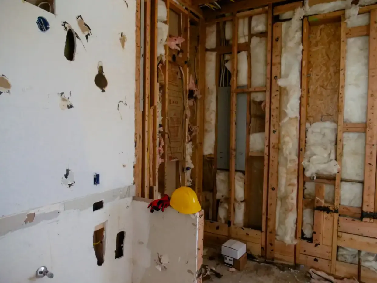 Damaged drywall removed leaving the studs and cavity exposed